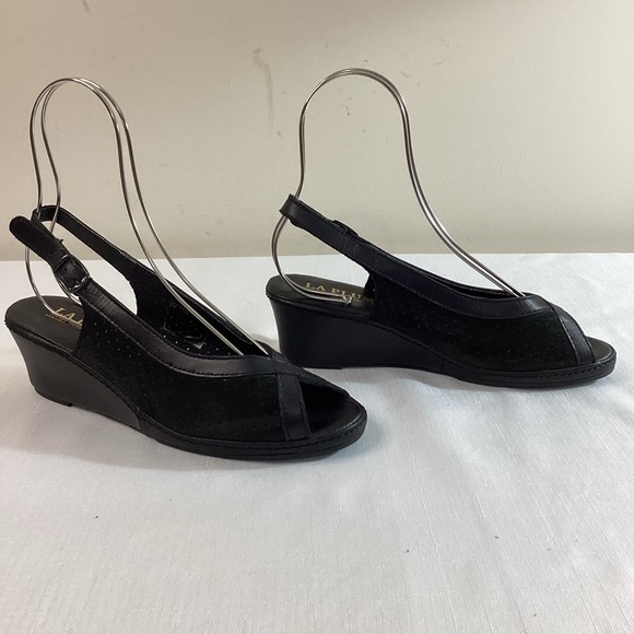 La Plume Sling Back Black Suede and Leather Wedge Sandals Size 38/7.5-8 - Picture 1 of 11
